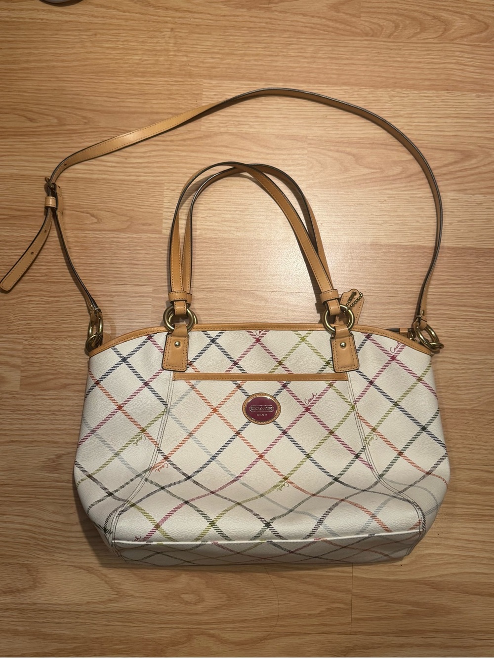 Coach White Multicolor Plaid Tote with Tan Trim and Strap